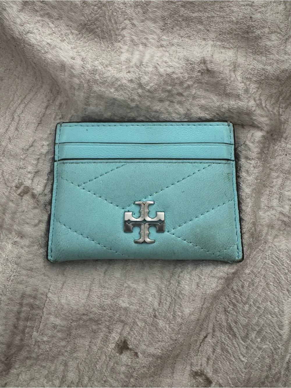 Tory Burch Aqua Quilted Leather Card Holder with Silver Logo